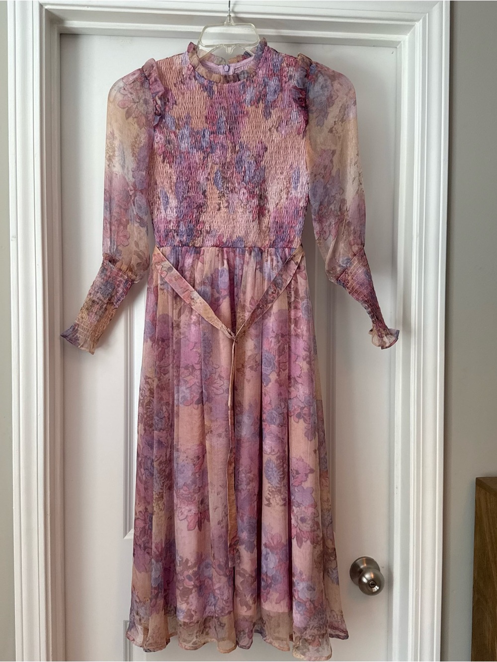 Ivy City Co Pink and Lavender Floral Smocked Midi Dress With adjustable belt